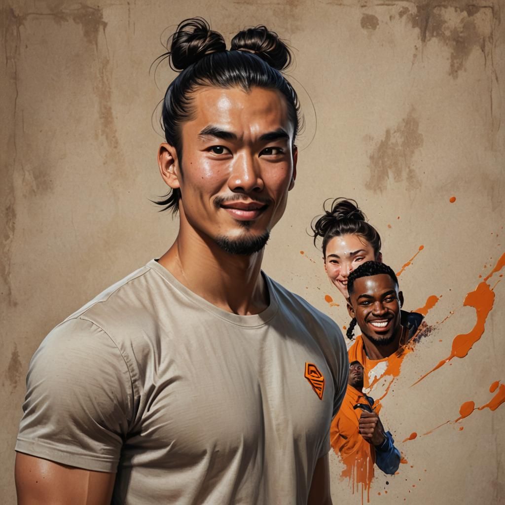 Asian Superhero Portrait with Man-Bun, Detailed Digital Art