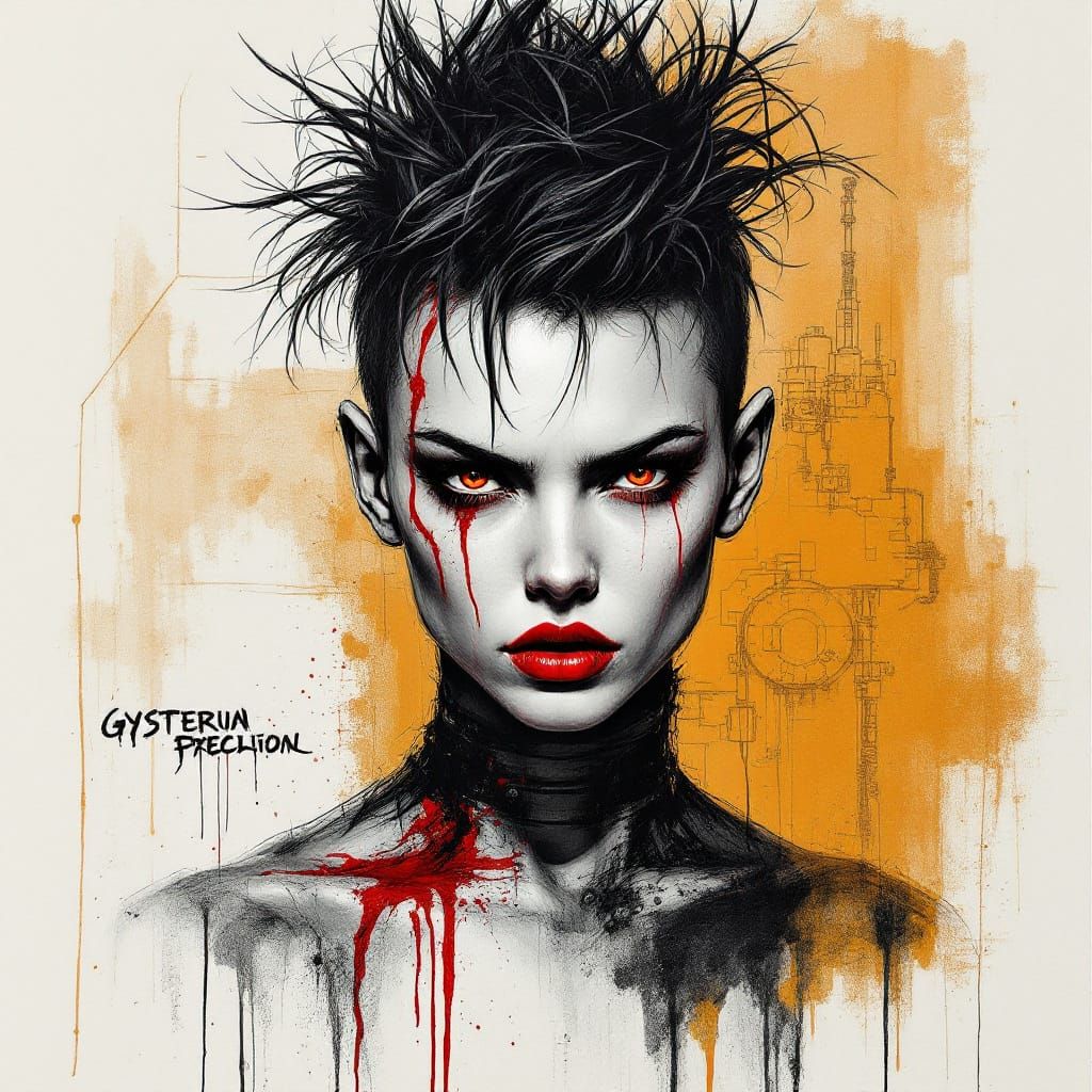 Pencil Sketch Portrait of Defiant Woman in Dystopian Setting