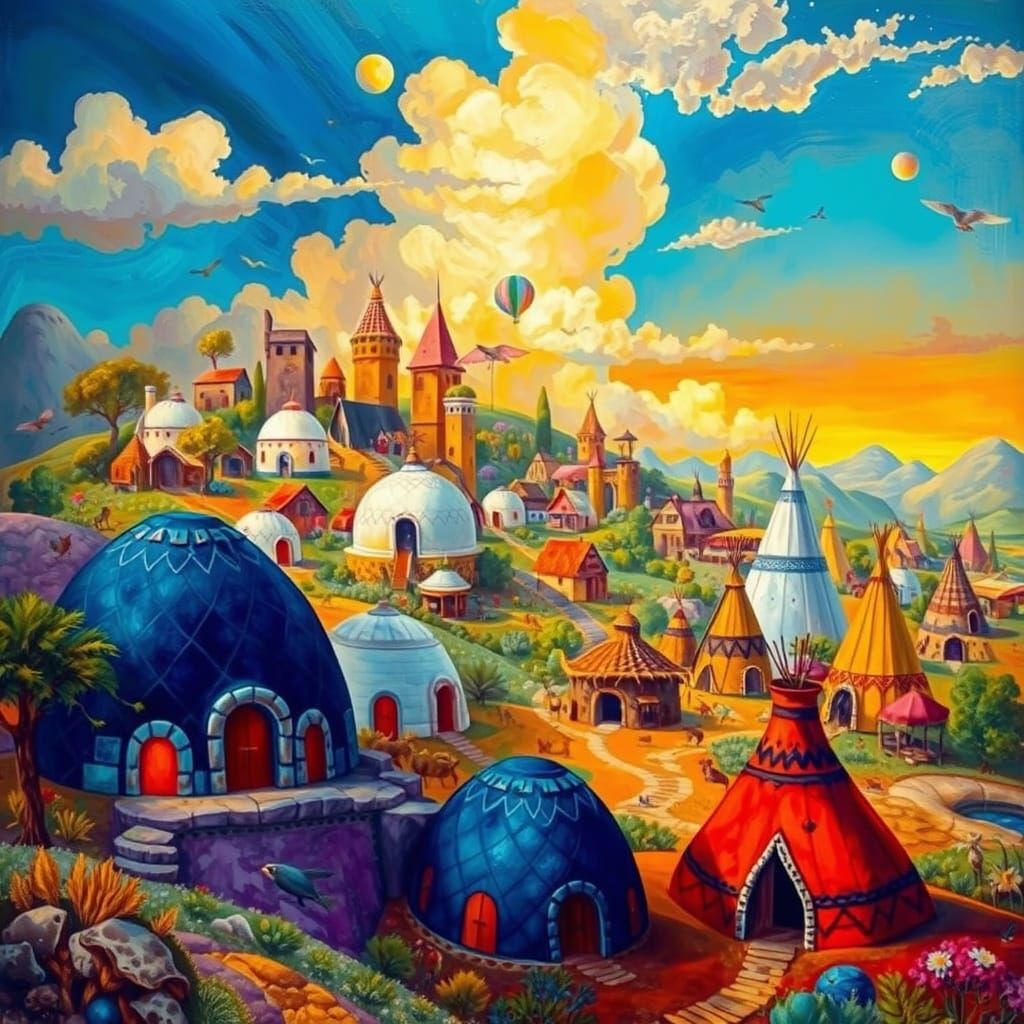 Surreal Tribal Metropolis in a Dreamlike Landscape