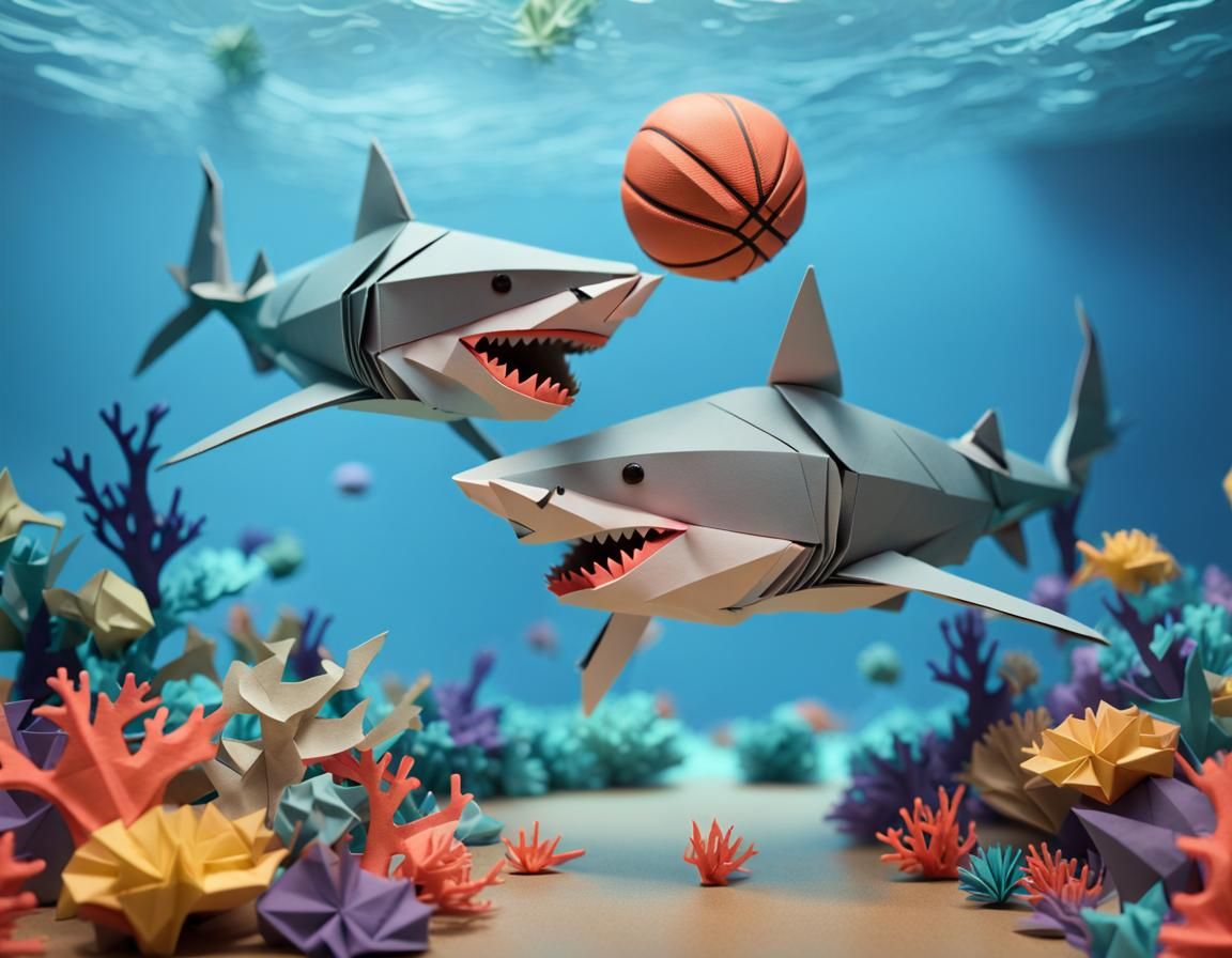 Sharks Play Basketball on Coral Reef, Origami Style