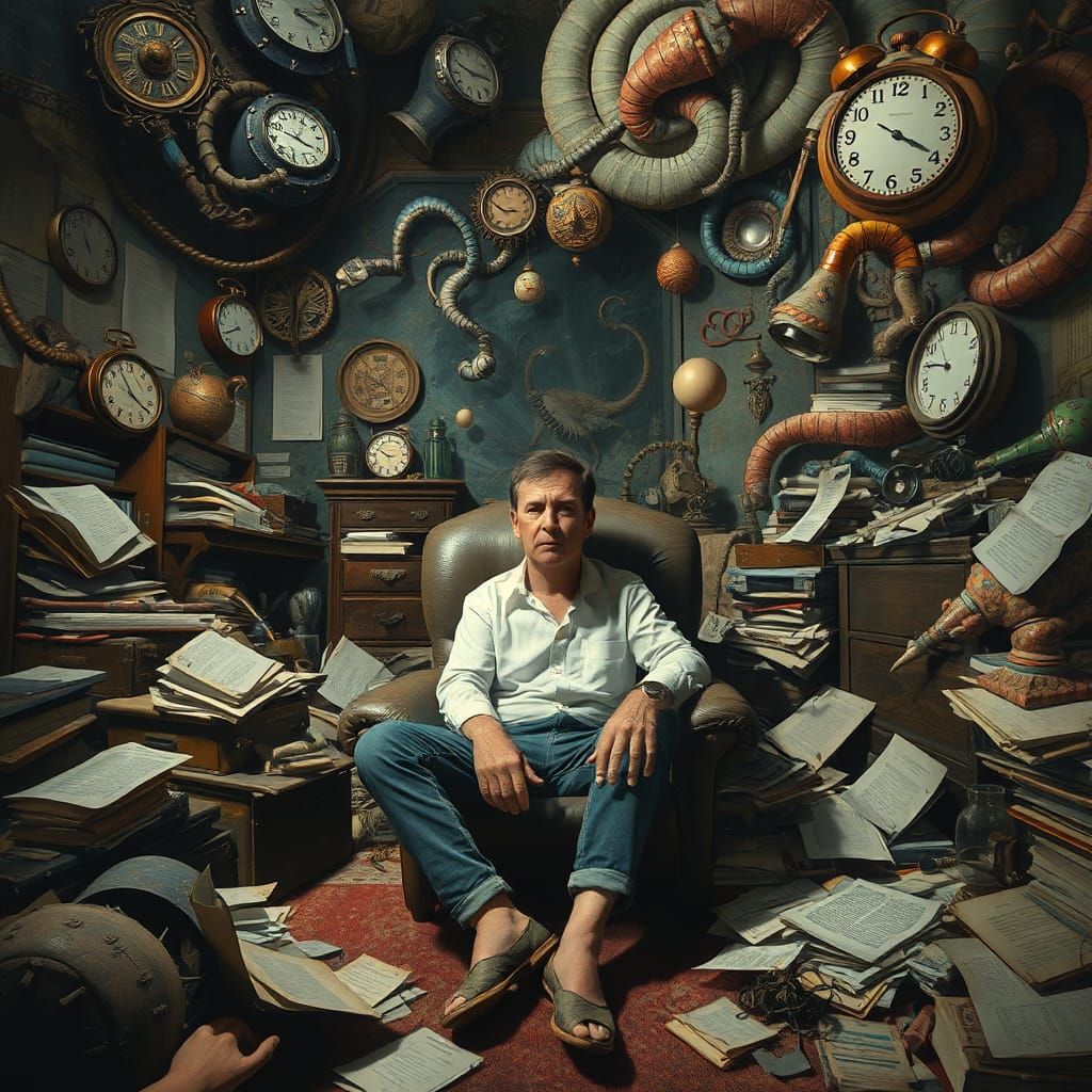 Overwhelmed Person in Surreal, Chaotic Room