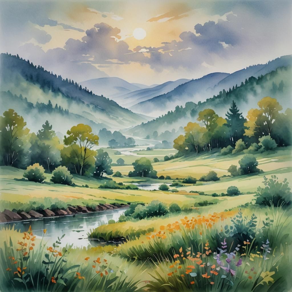 Misty Landscape in Gouache and Watercolor Style