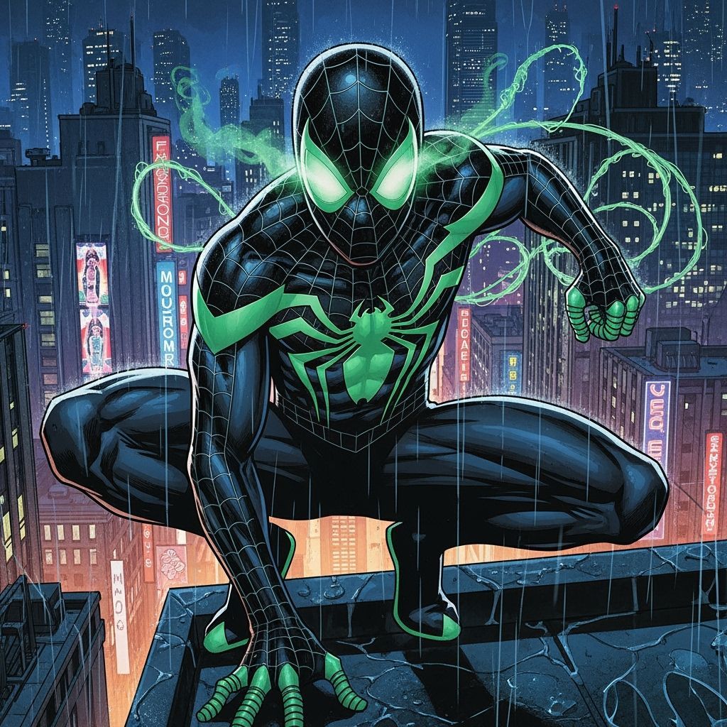 Spider-Man with Glowing Green Webbing in Comic Book Style