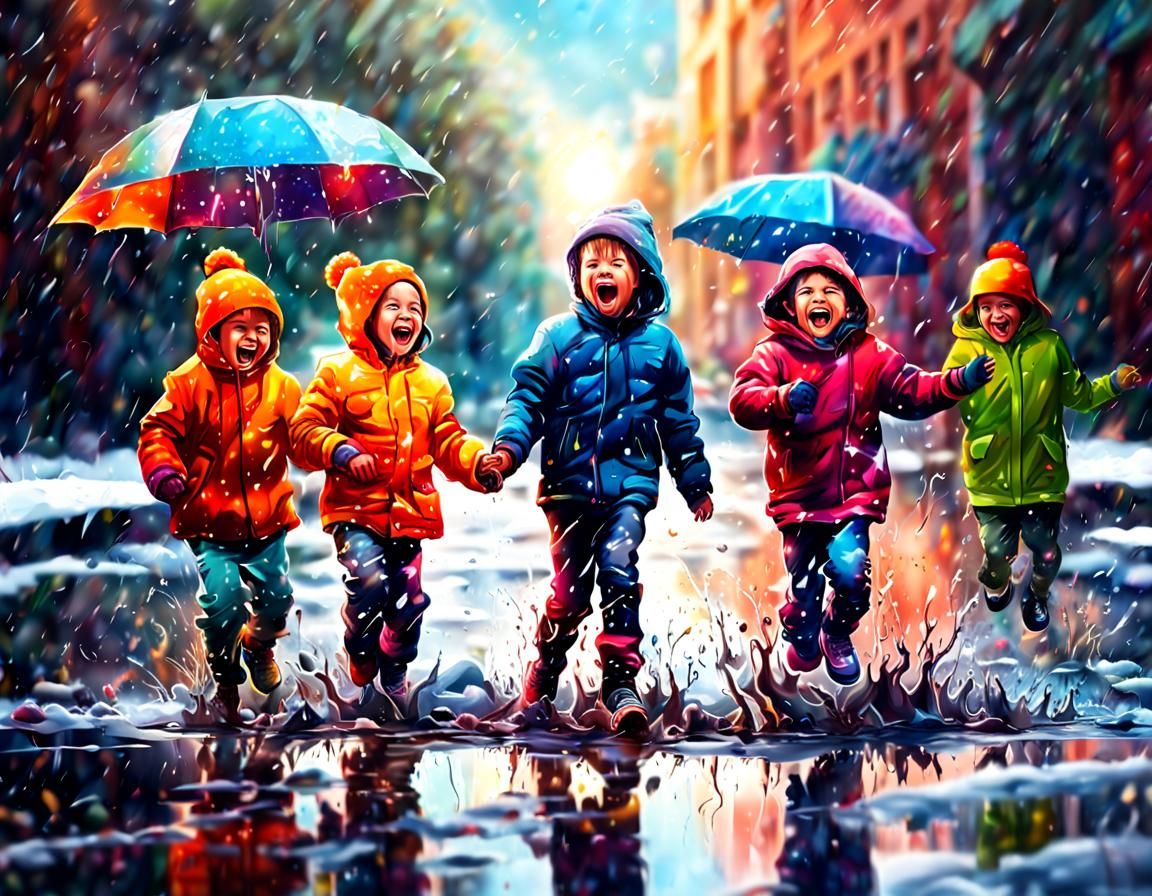 Happy Children Playing in Melting Snow: Hyperrealistic Art