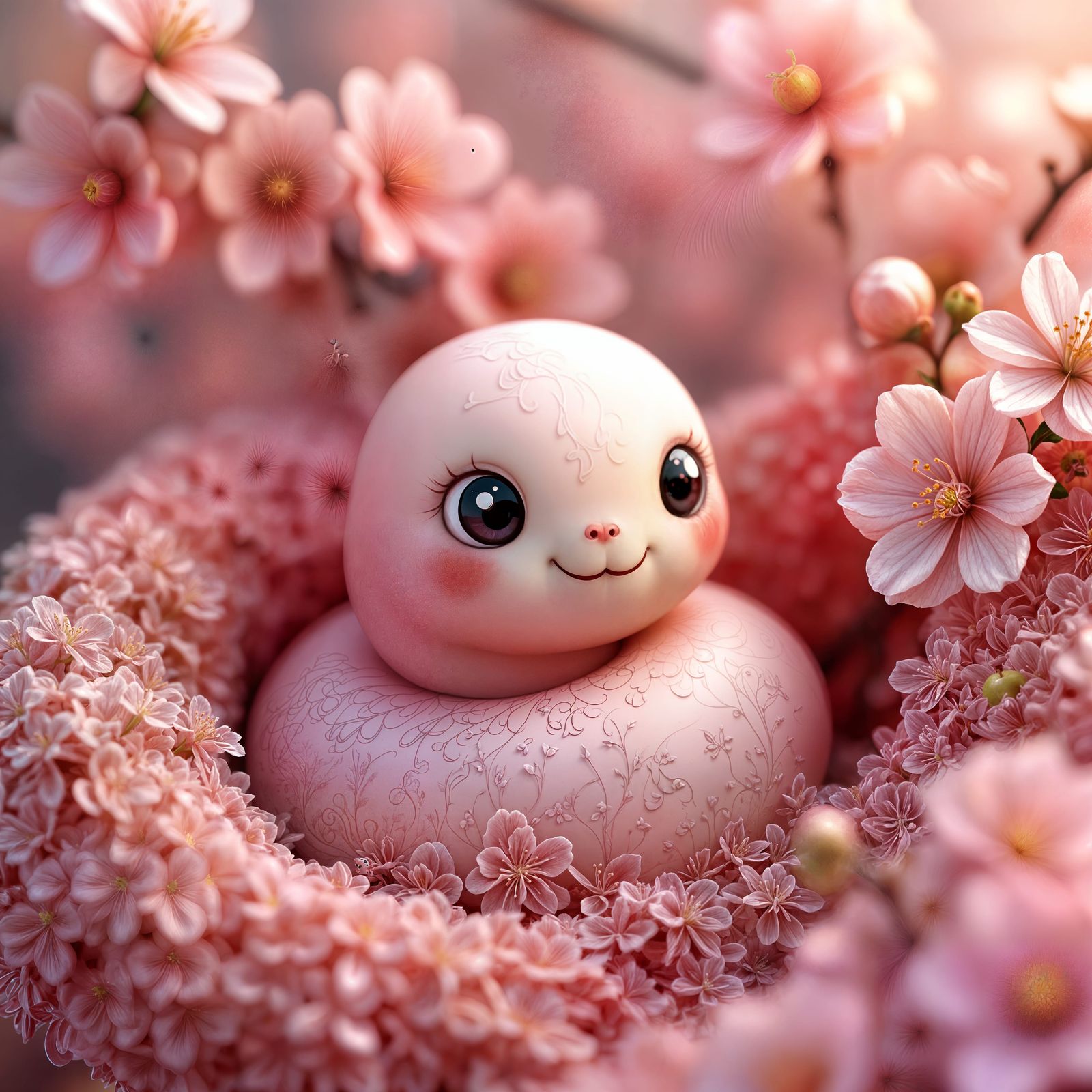 Vibrant Fractal Worm Amidst Cherry Blossoms