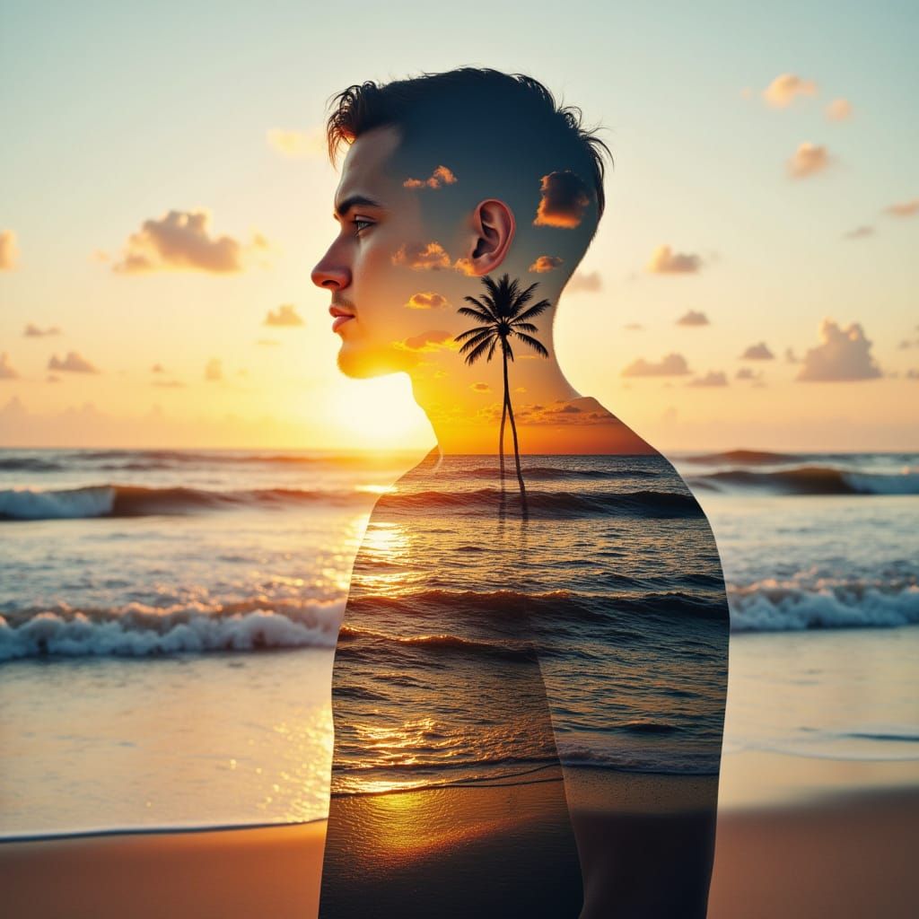 Double Exposure Sunset Beach Scene with a Man
