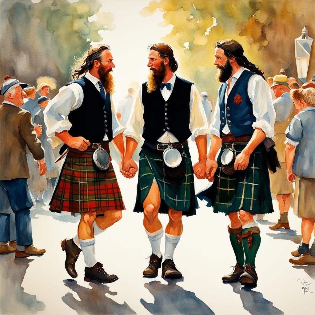 Two Men in Kilts Holding Hands: Gouache Style