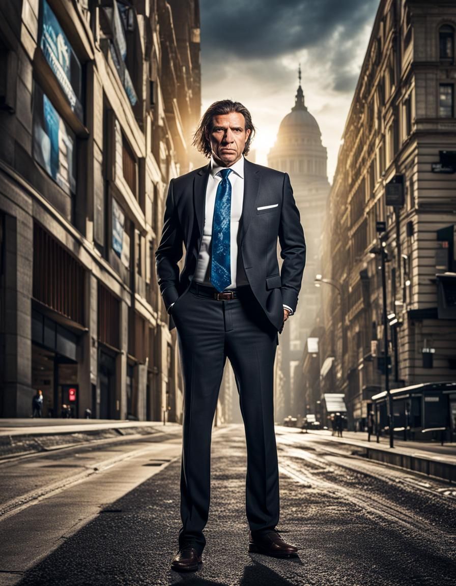 Hyperrealistic Neanderthal Businessman in Cityscape