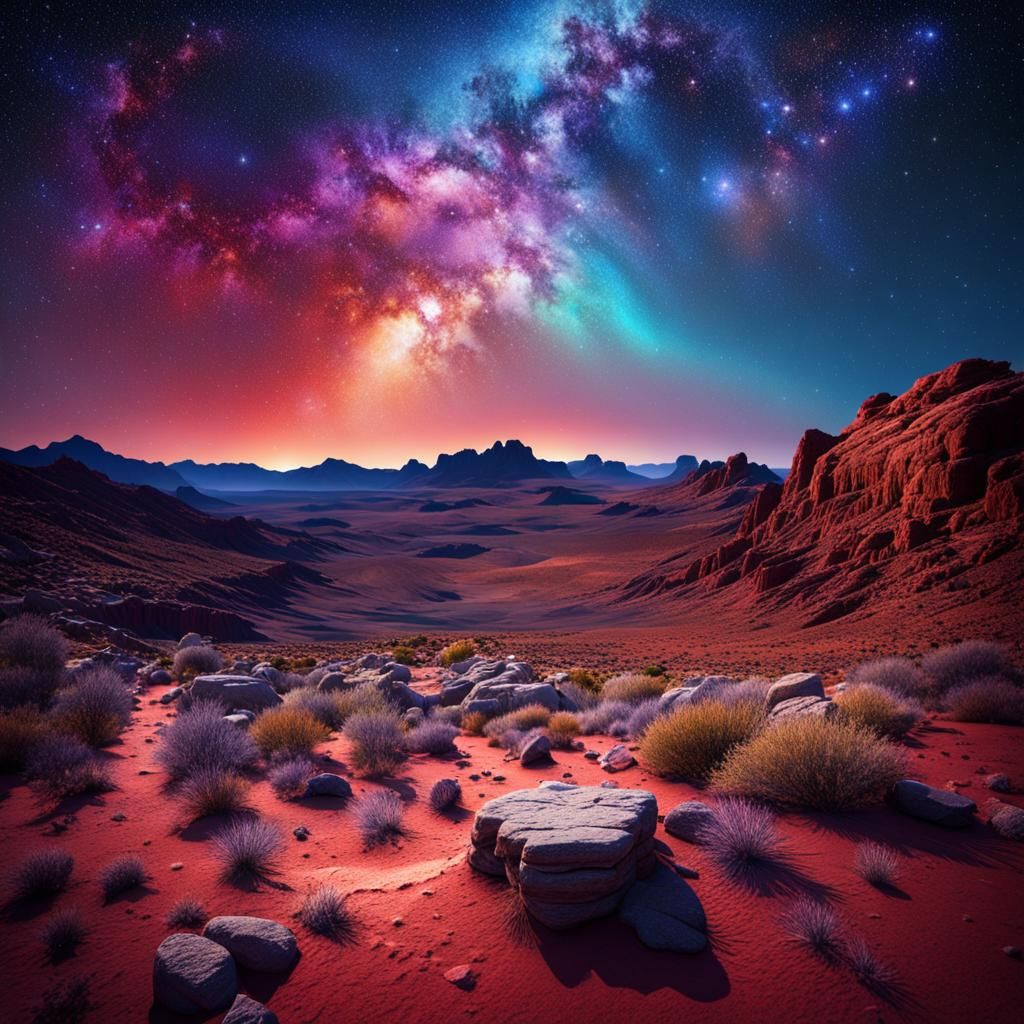 Colorful Starry Night Over Red Desert Landscape