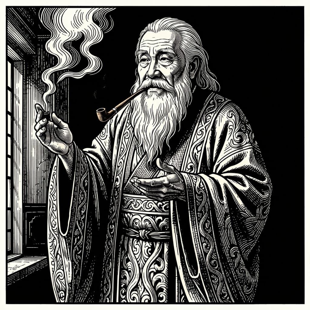 Wise Sage Lecturing in Black and White Line Art Style