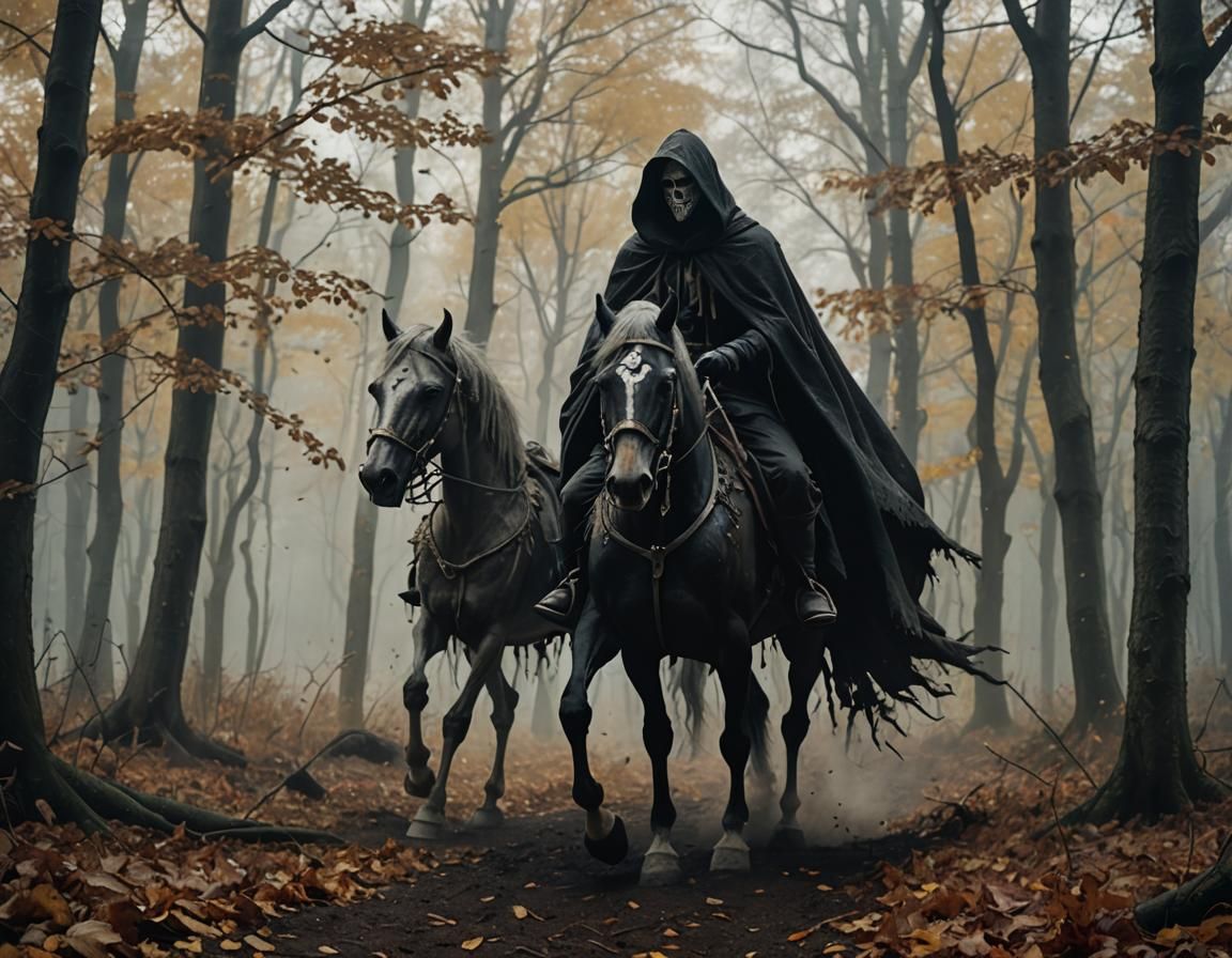 A mysterious hooded figure rides a dark horse through an aut...