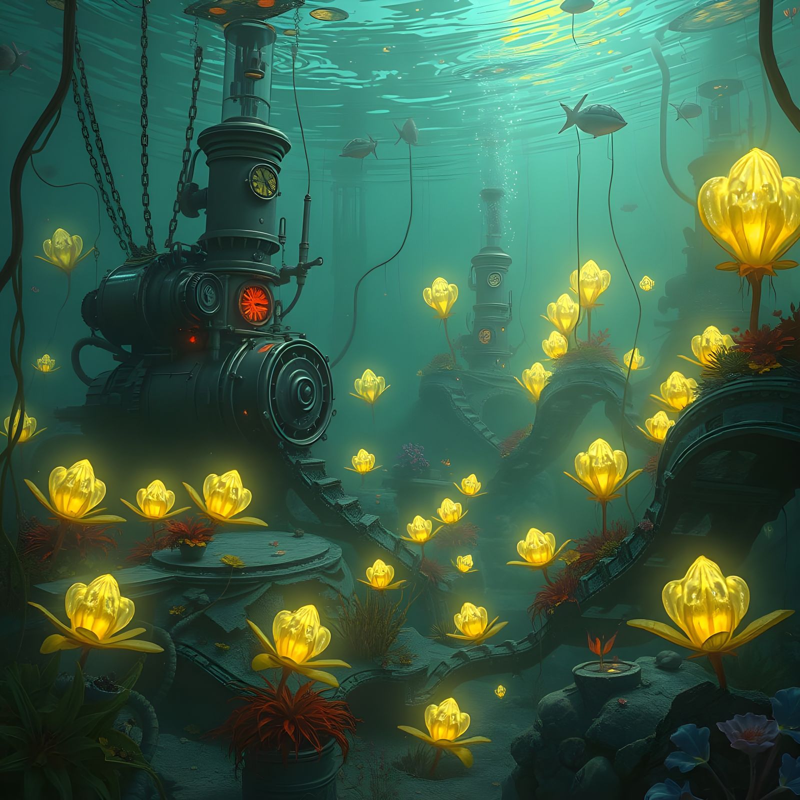 Underwater Garden with Steampunk Engine in Digital Art