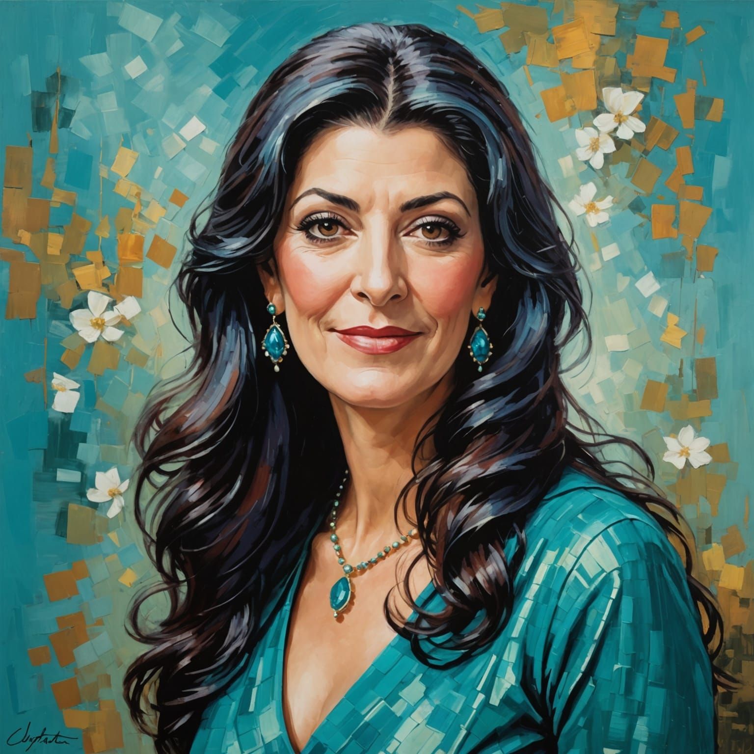 Post-Impressionist Portrait of a Smiling Woman in Turquoise