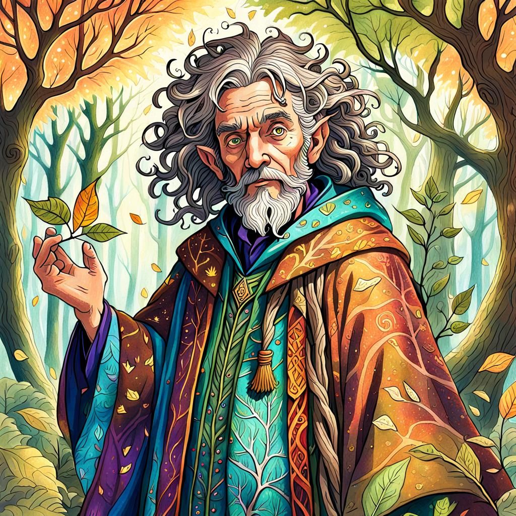 Whimsical Wizard Catweazle in a Lush Fantasy Forest