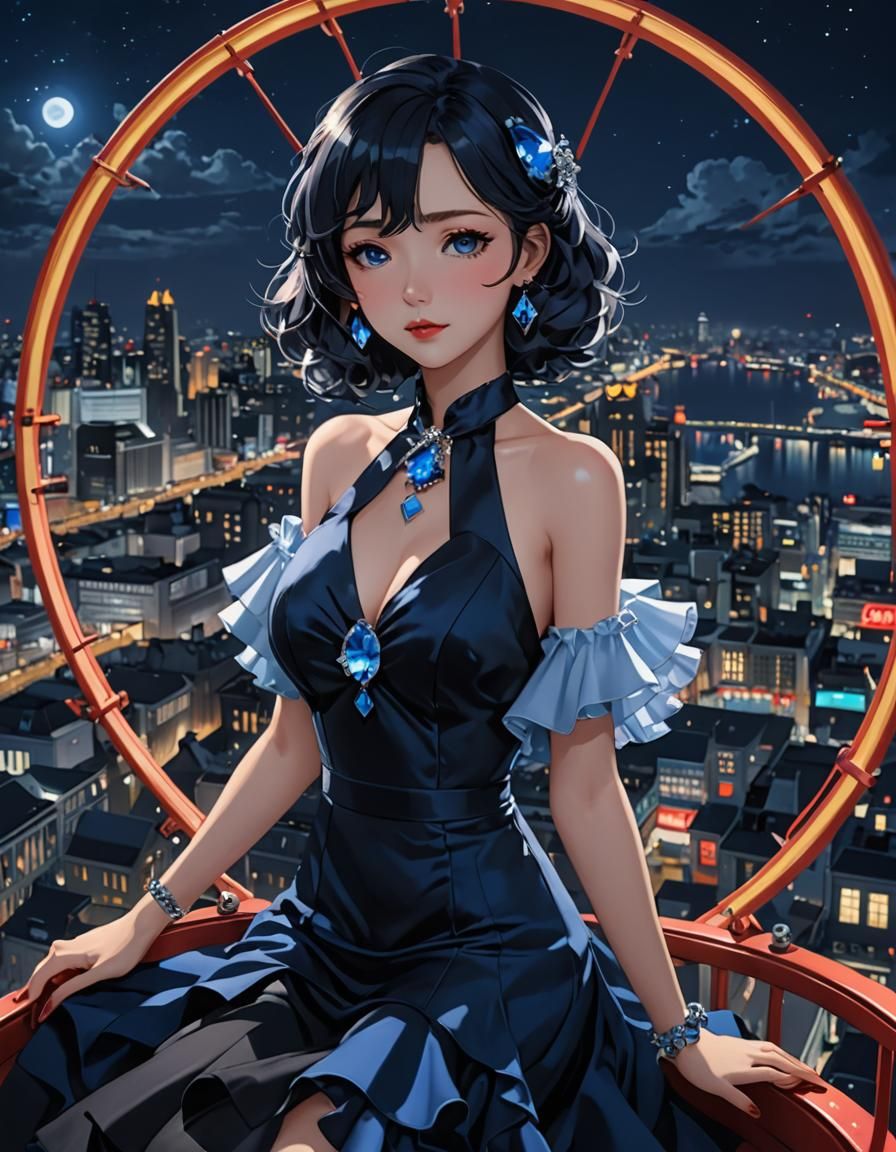 Night Ferris Wheel View: 1930s Anime Art