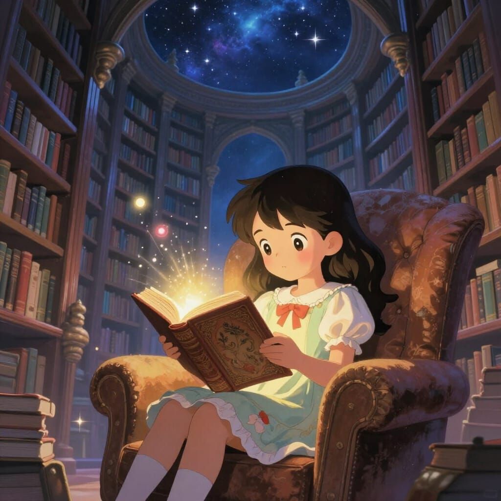 Girl Reading Ancient Book in Magical Library