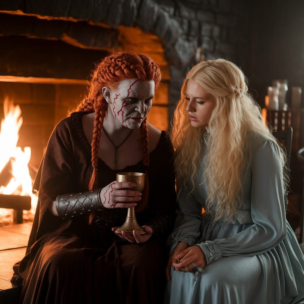 Grotesque Viking Princess in Dimly Lit Hall