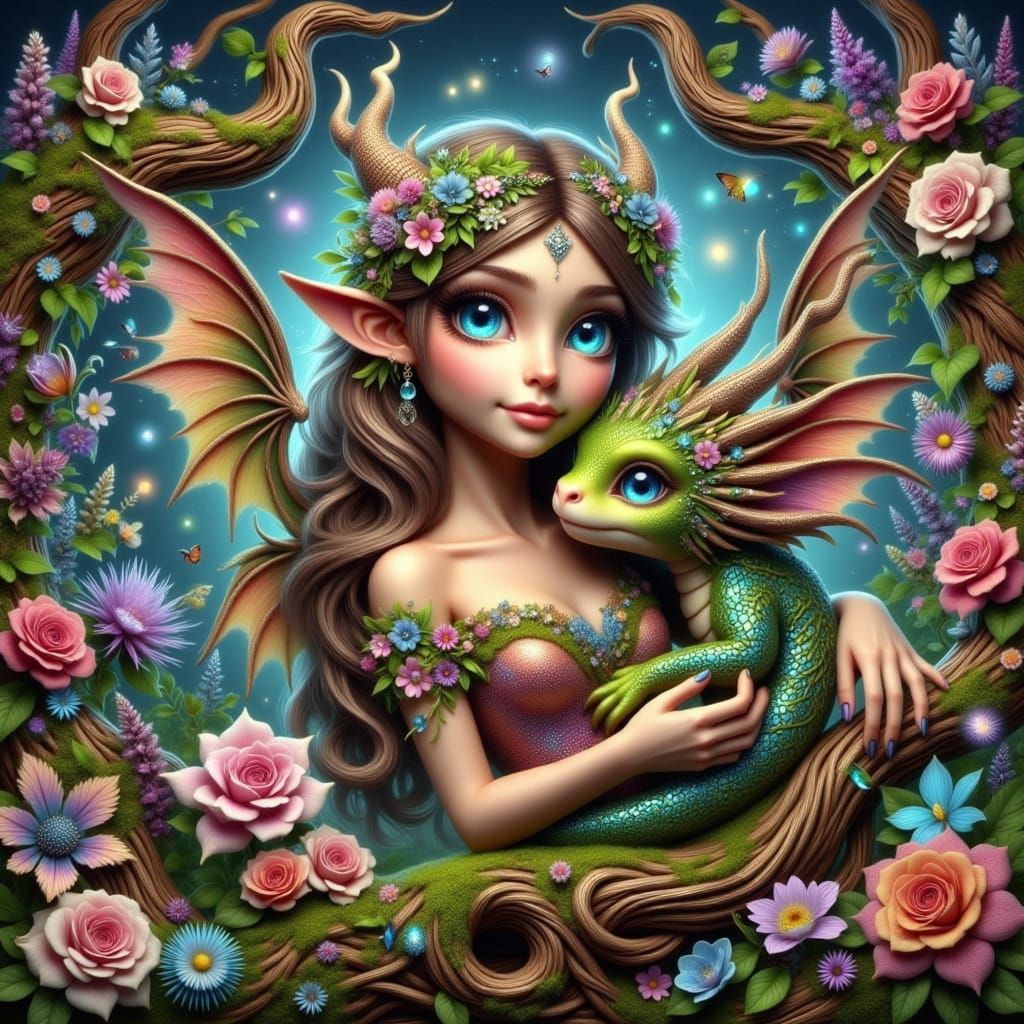 Enchanted Fairy Tenderly Holds Baby Dragon in Vibrant Fantas...