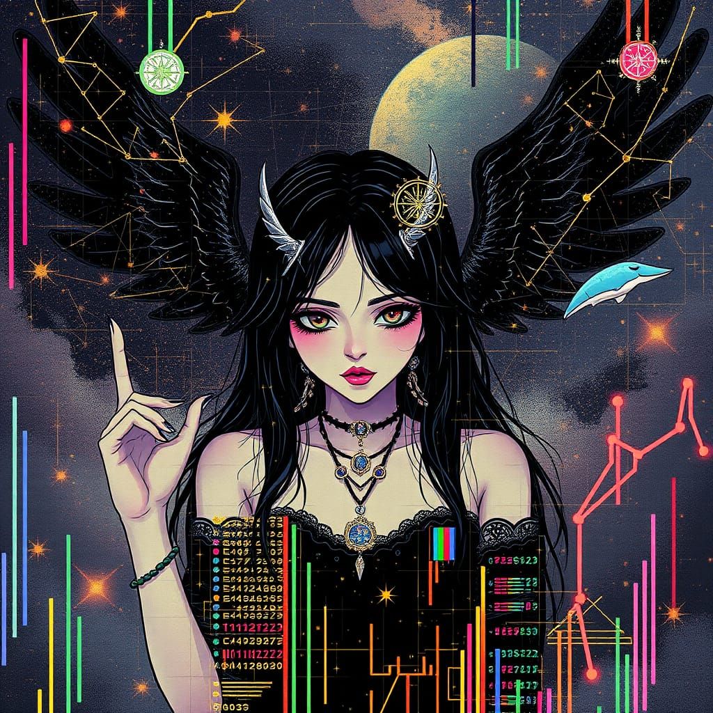 Abstract Indigo Portrait with Glitch and Constellations