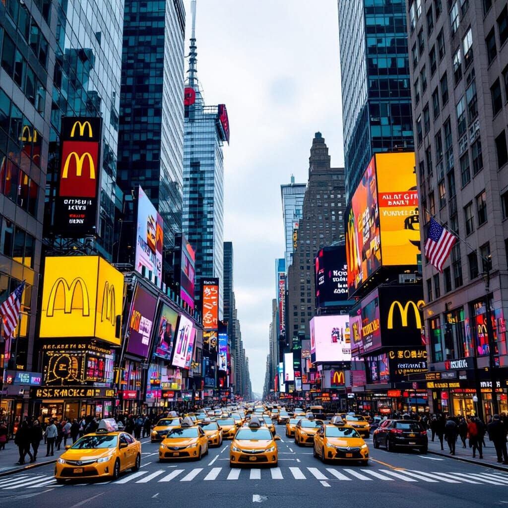 Bustling City Avenue with Skyscrapers and Yellow Cabs