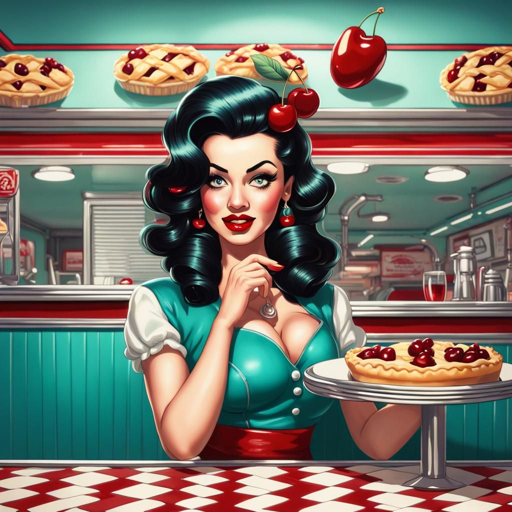 Stylized Americana Pin-Up Girl in Diner