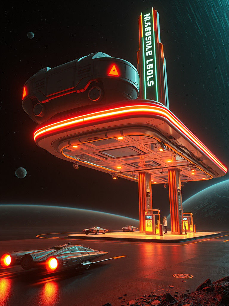 Otherworldly Gas Station in Space: A Cinematic Still