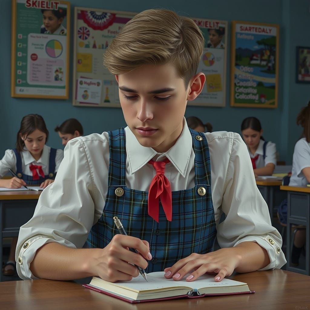 Young Man in Schoolgirl Uniform Attentively Takes Notes in C...