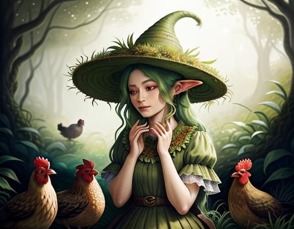 Female Goblin in Garden, Whimsical Folk Art