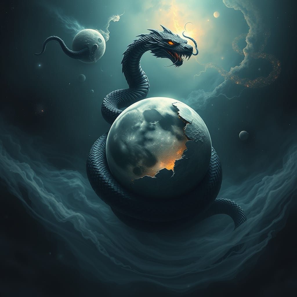 Obsidian Serpent on Shattered Moon in Cosmic Sea