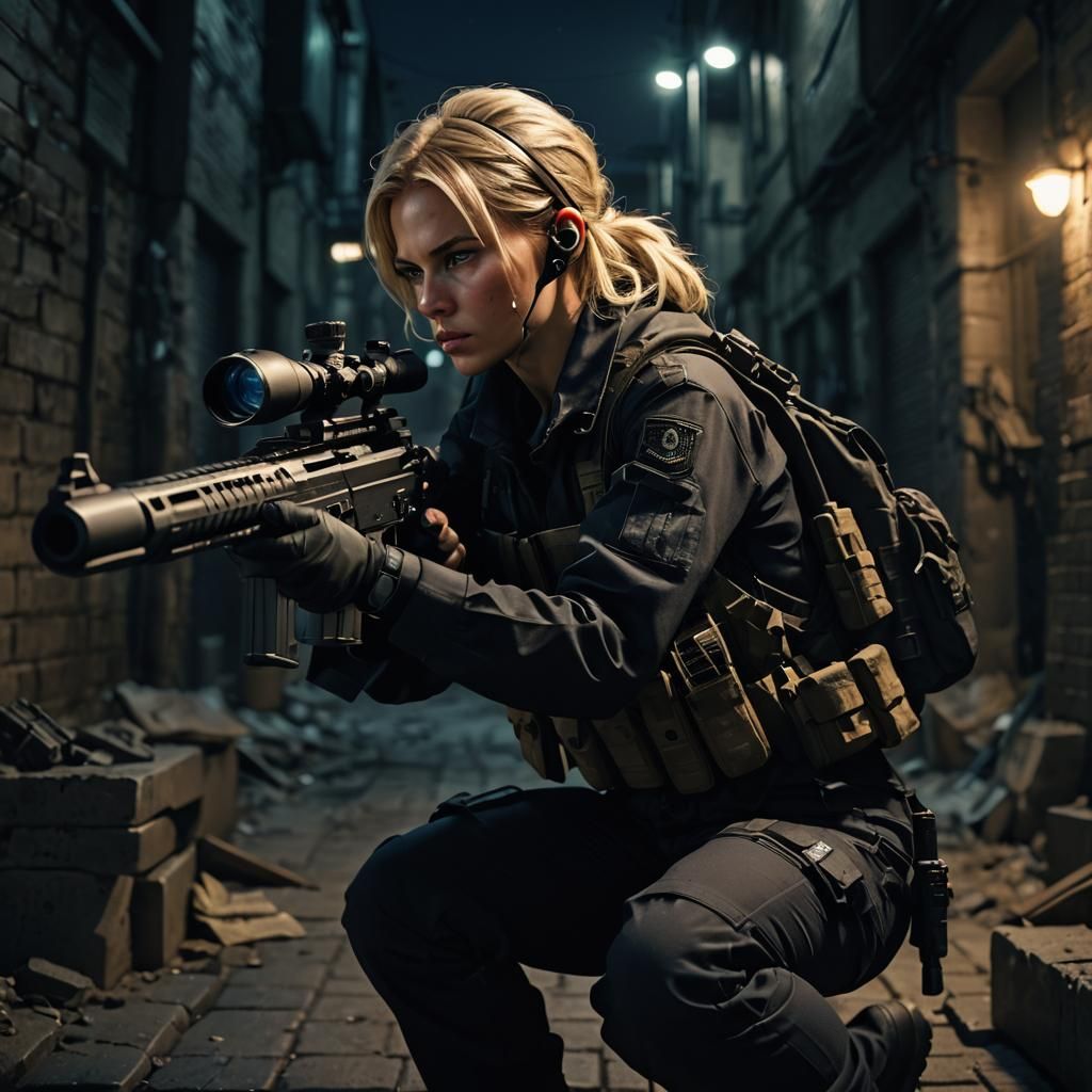 Night Sniper in Urban Alleyway: Hyper-Realistic Digital Art