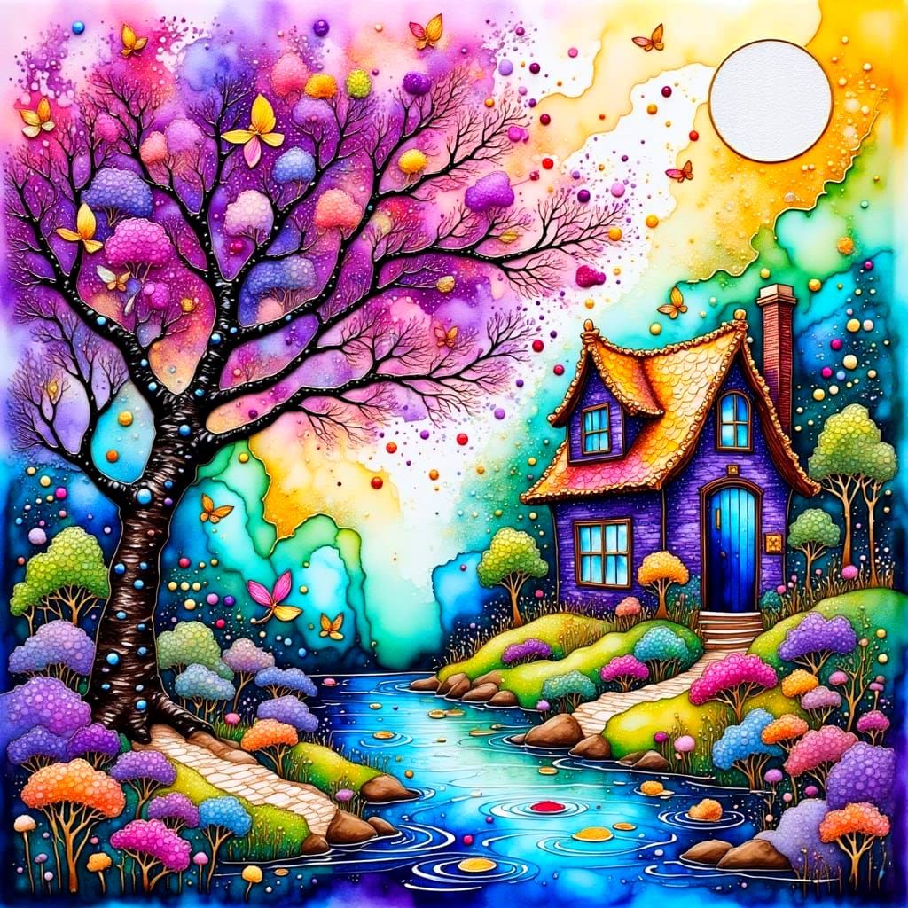 Whimsical Summer Cottage Scene in Lush Blooming Garden