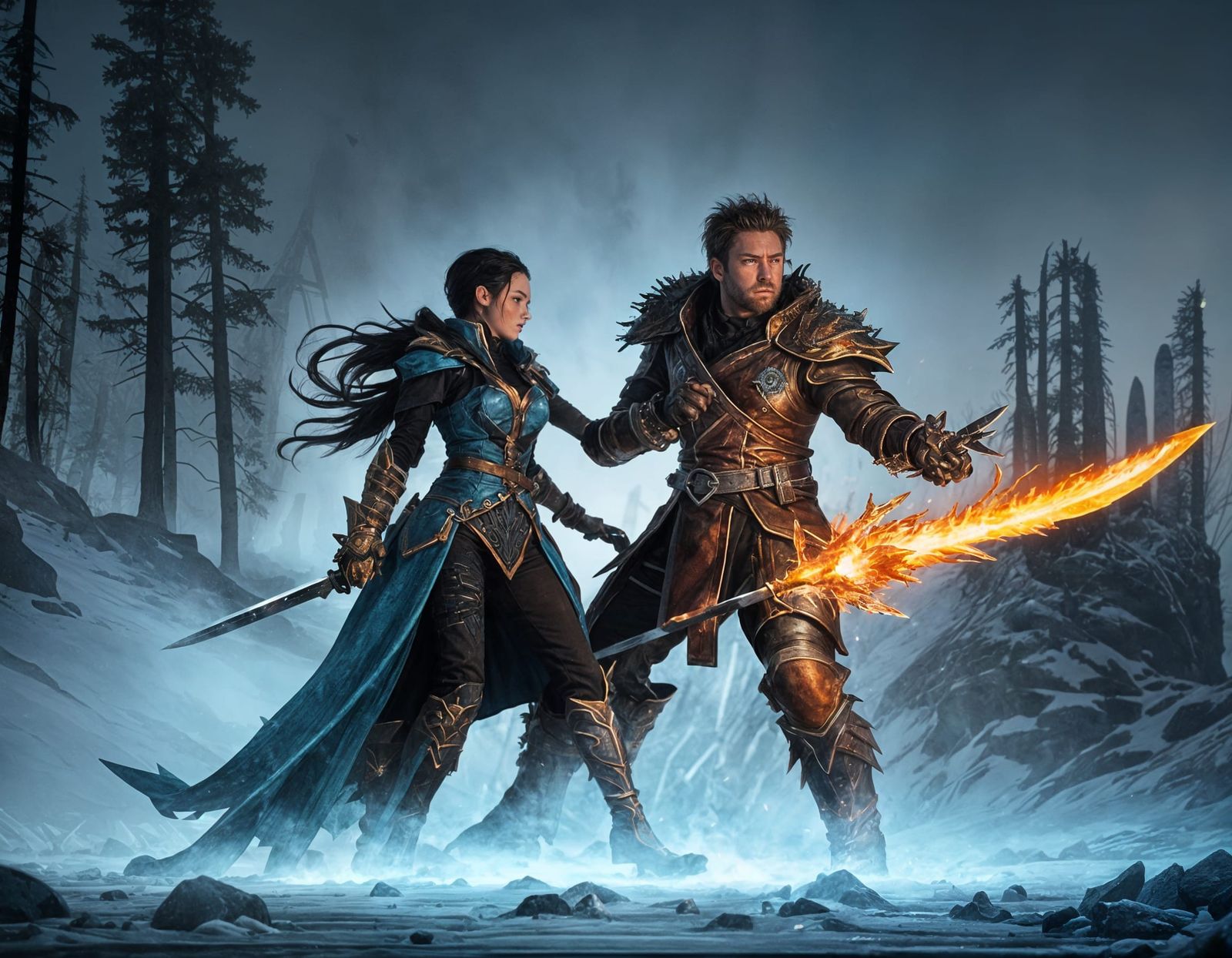 Epic Clash of Elemental Swords in a Blazing Battlefield