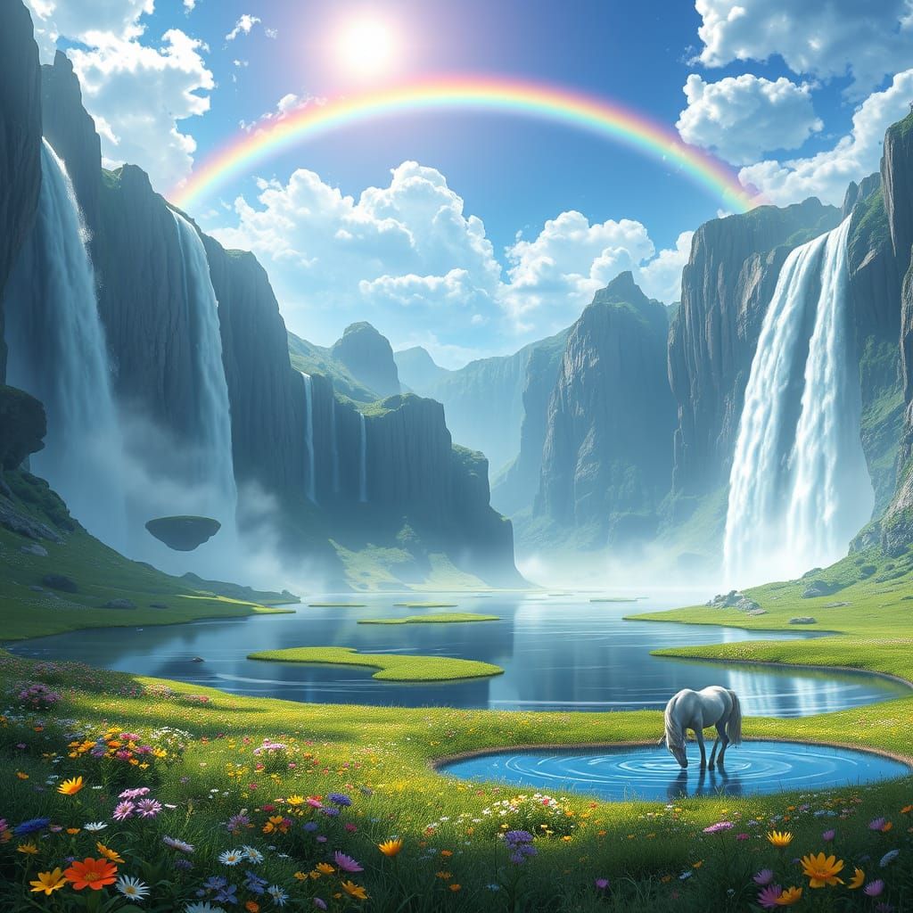 Sun-Drenched Valley with Floating Waterfalls, Anime Style