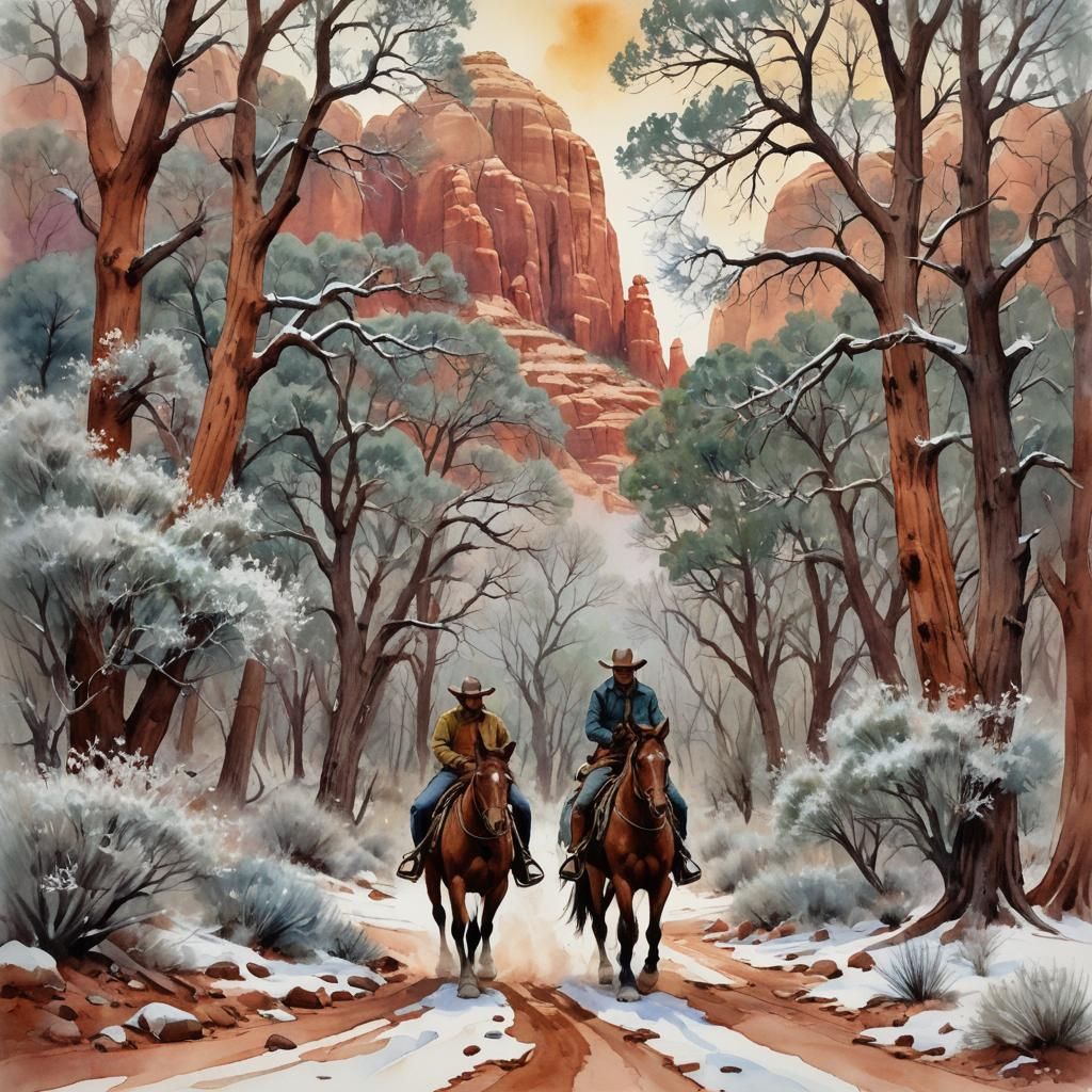 Cowboys Ride Through Sedona Winter Wonderland