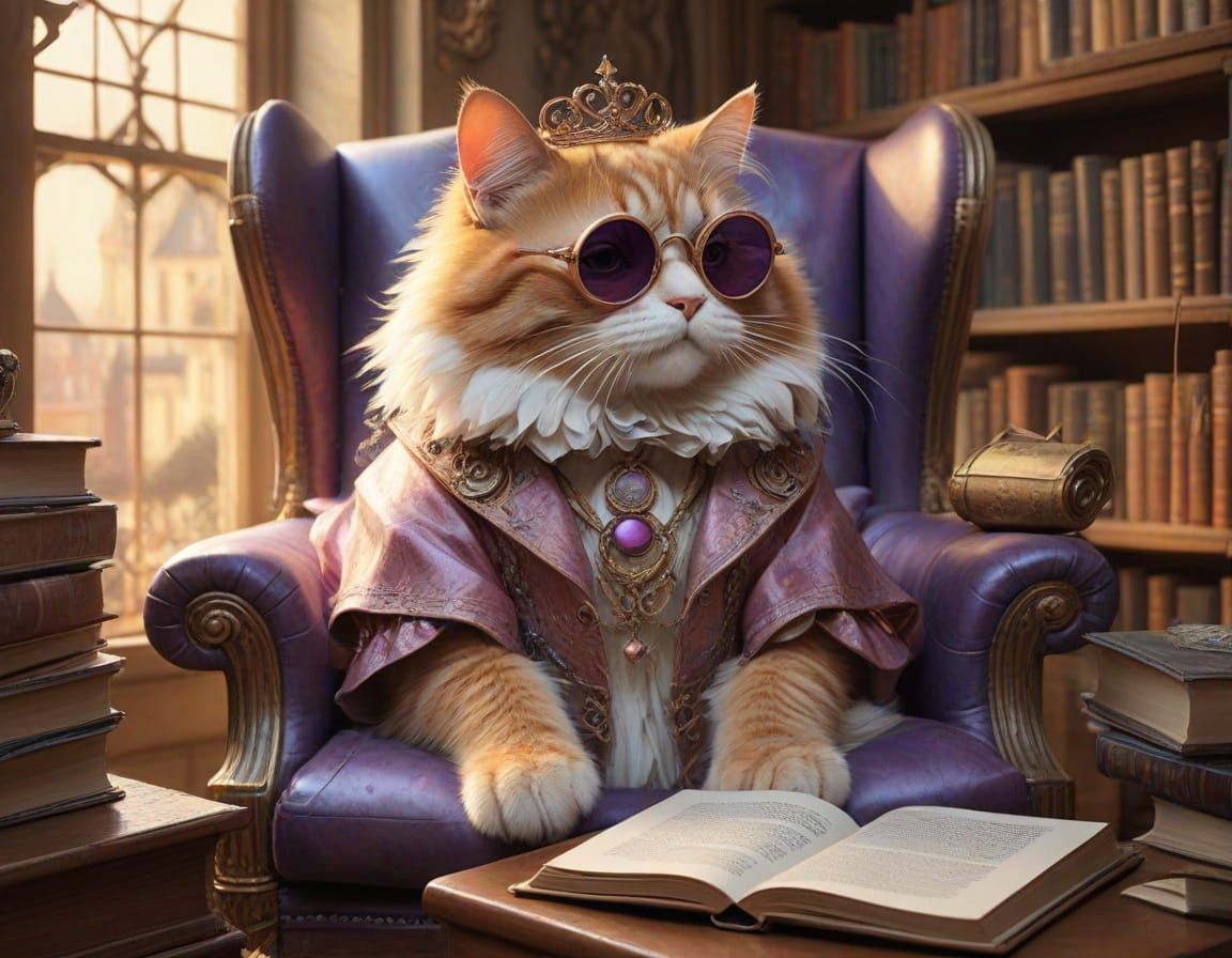 Steampunk Princess Kitty in Whimsical Castle Library