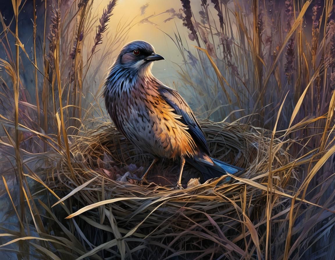 Bird's Nest in Reeds at Twilight: Pen and Ink Illustration