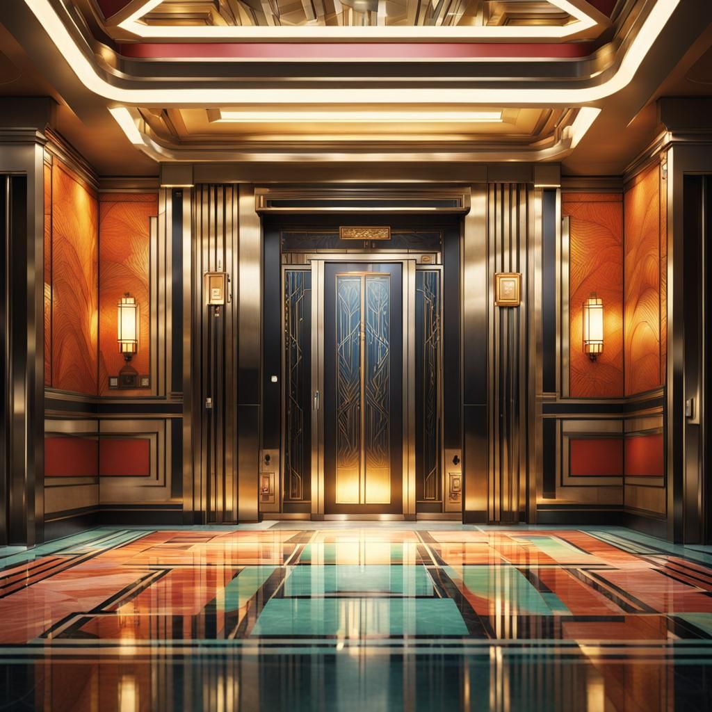 Art Deco Elevator Interior in Hyperrealistic Style