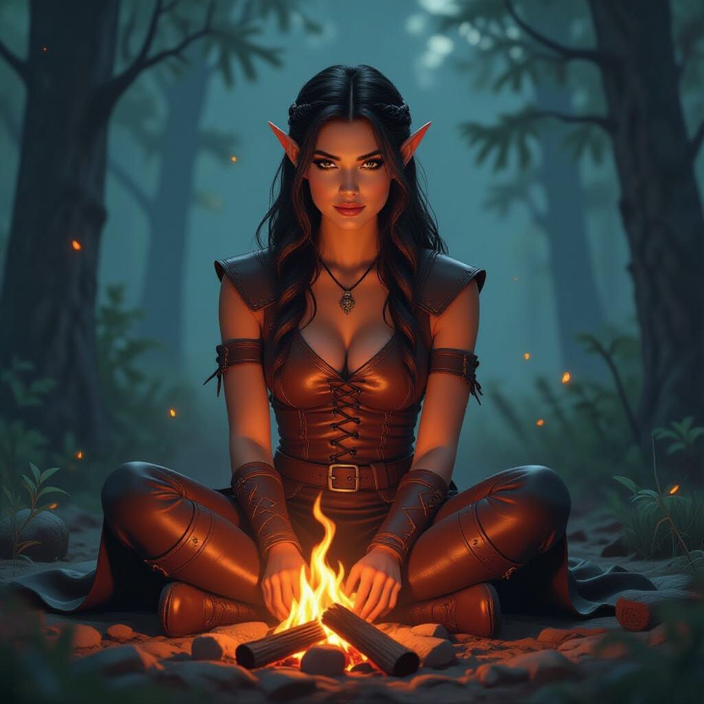 Elf Woman by Campfire in Forest, Fantasy Art Style