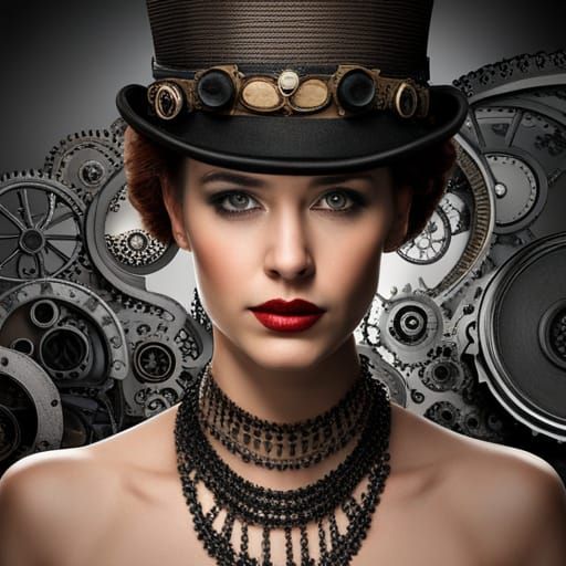Steampunk Girl Portrait with Gears and Monocle
