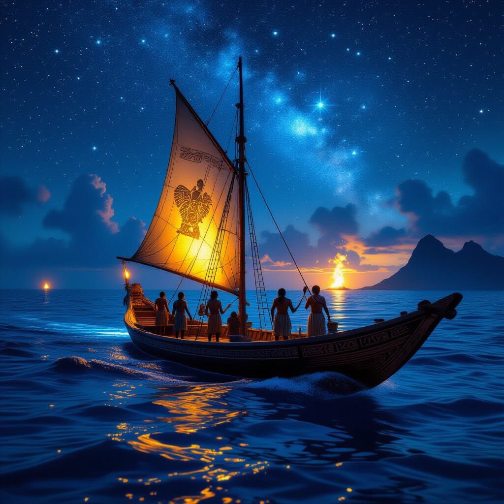 Polynesian Canoe Navigates Starry Ocean Under Spirit Constel...