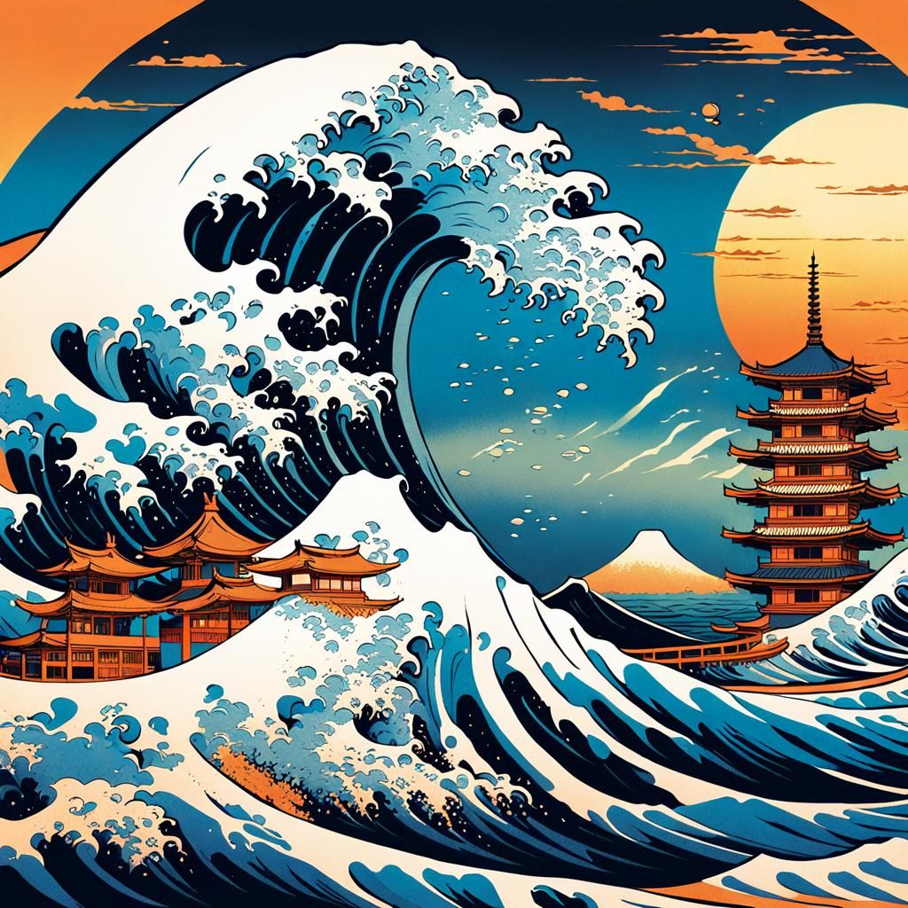 Futuristic Great Wave off Kanagawa in Fantasy Art