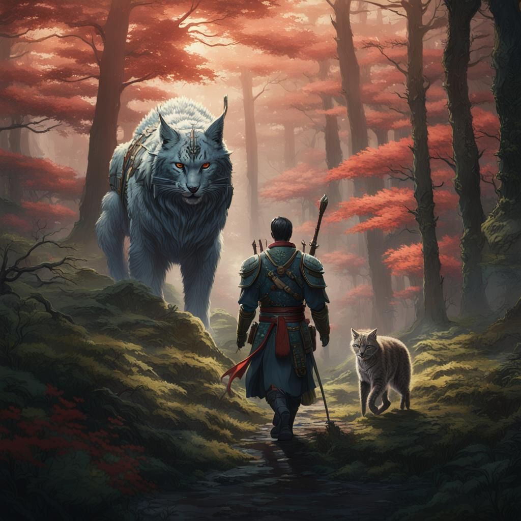Japanese Warlord and Lynx in Forest: Fantasy Art