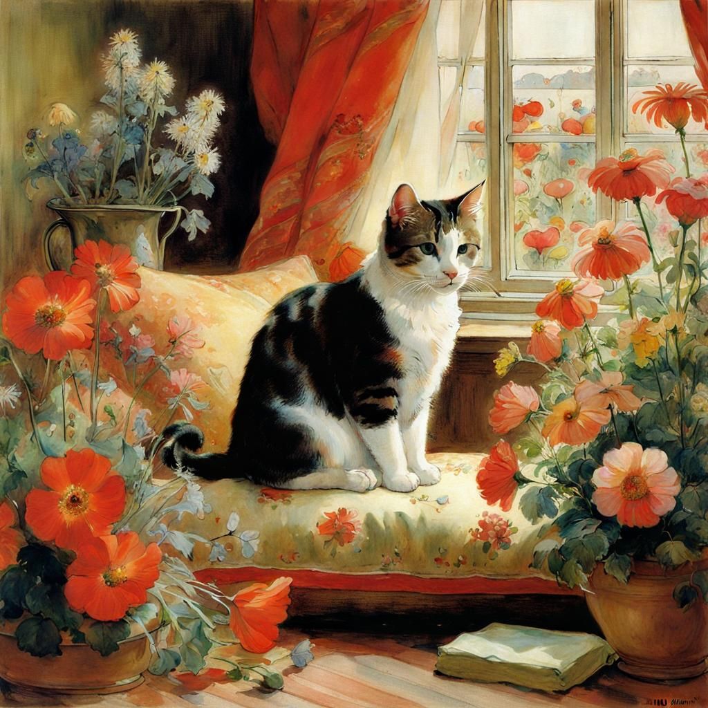Cat Surrounded by Flowers in Arts and Crafts Style