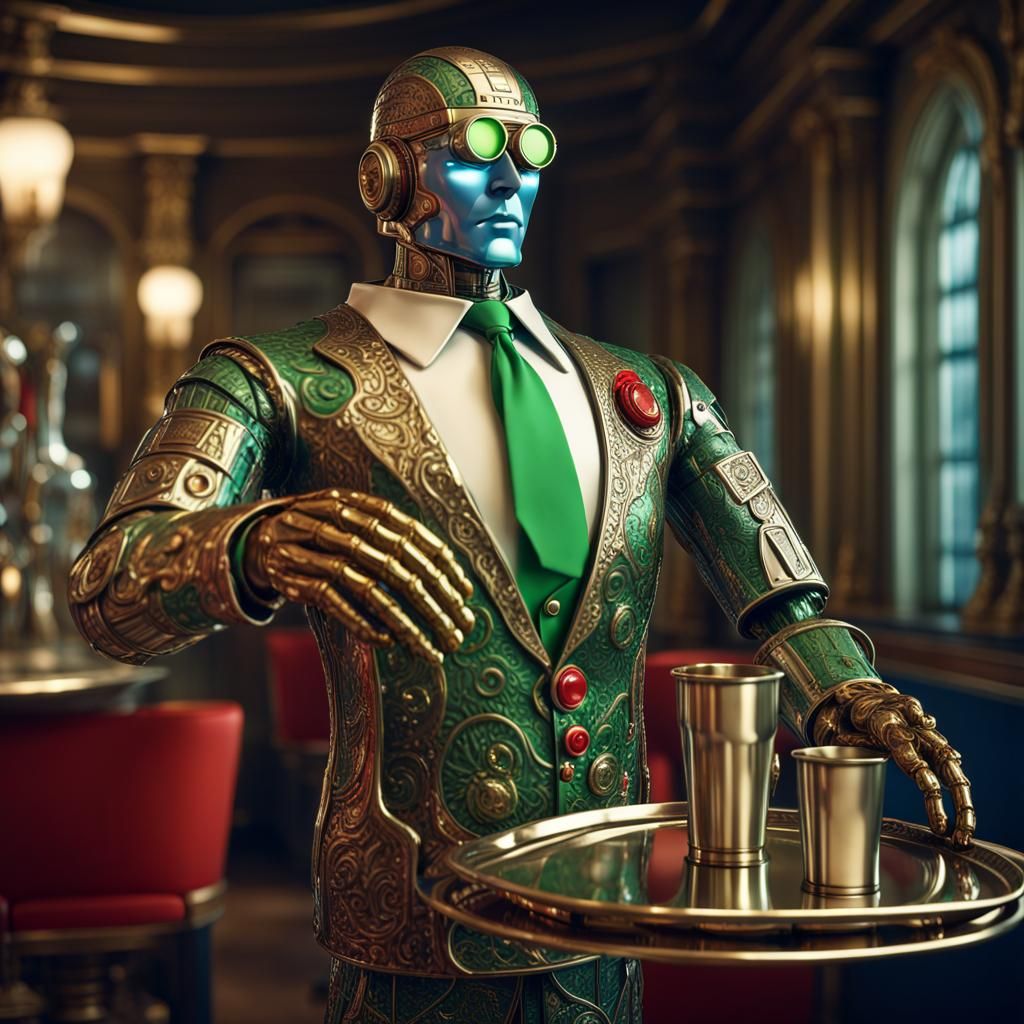 Hyperrealistic Cyborg Butler with Drinks in Brass Polish
