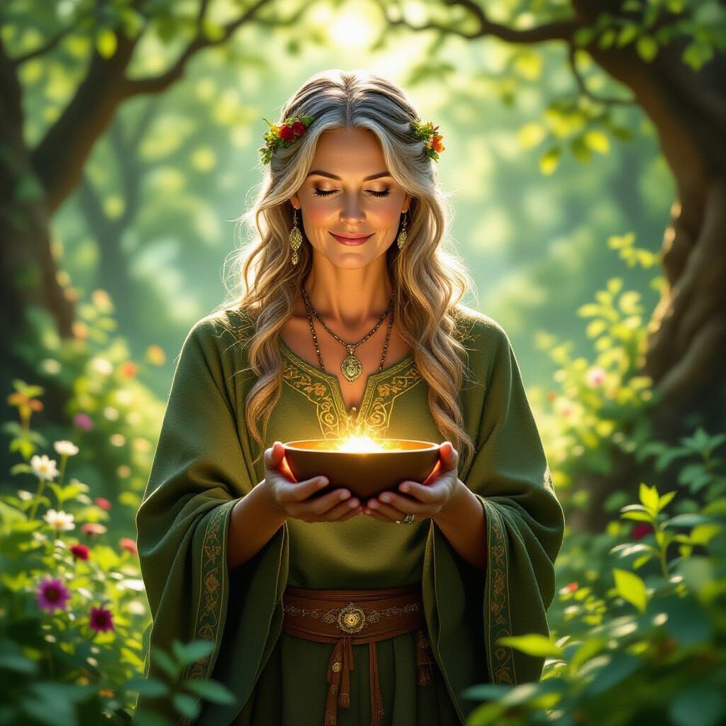 Celtic Herbal Woman in Sunlit Forest