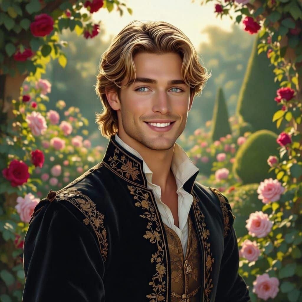 Handsome Young Man with Blond Hair and Sapphire Eyes in Gard...