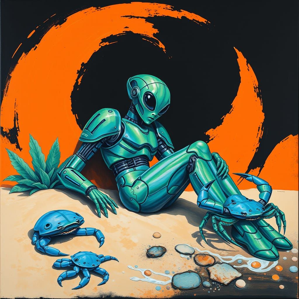 Robotic Alien on Tropical Beach in Gouache Style