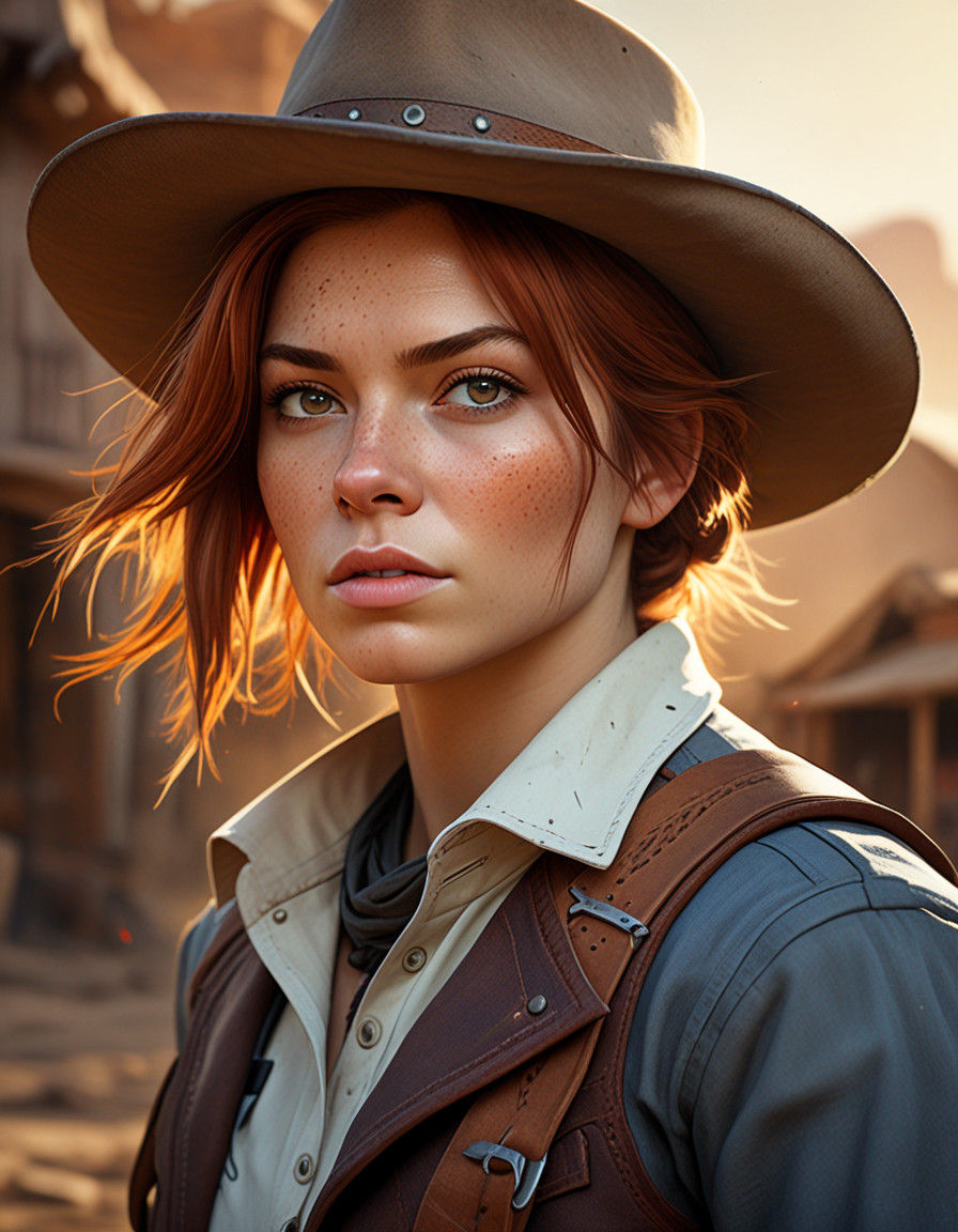 Female Gunslinger in Hyperrealistic Wild West Scene