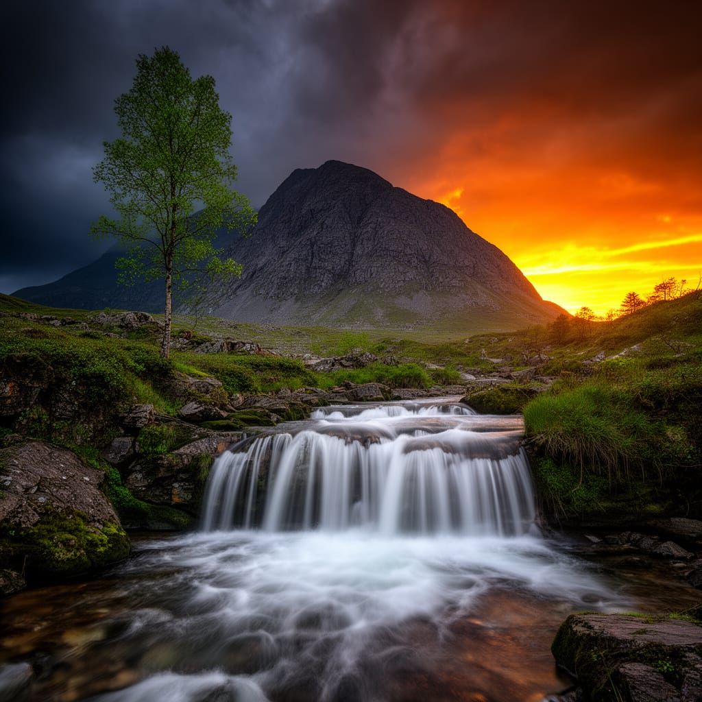 Dramatic Sunset Waterfall Landscape in Photorealistic Style