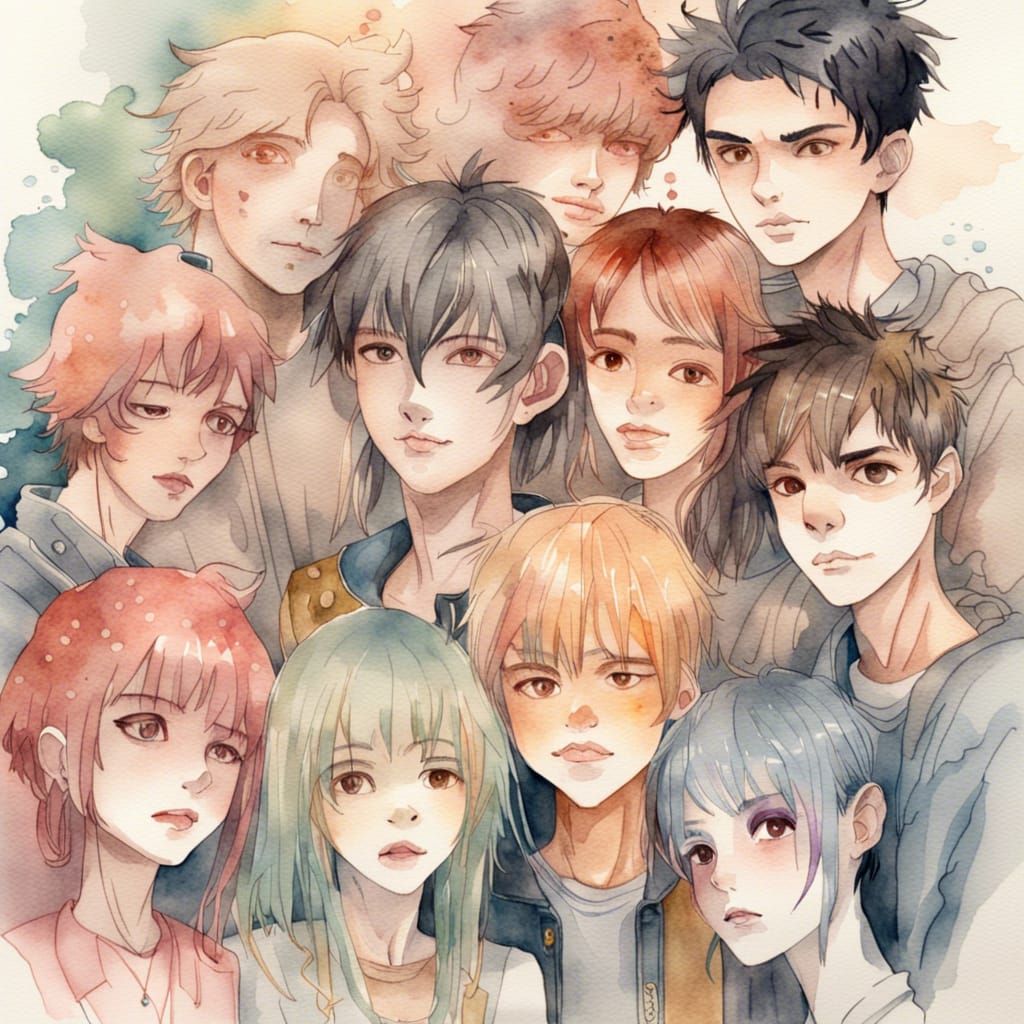 Anime Teenagers in Watercolor Painting Style